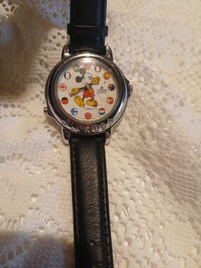 Lorus Women's Black Leather Mickey Mouse Dial Watch
